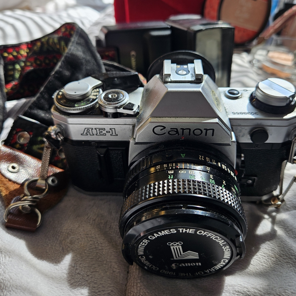 Canon AE-1 Silver and Black Camera With Case and Bag